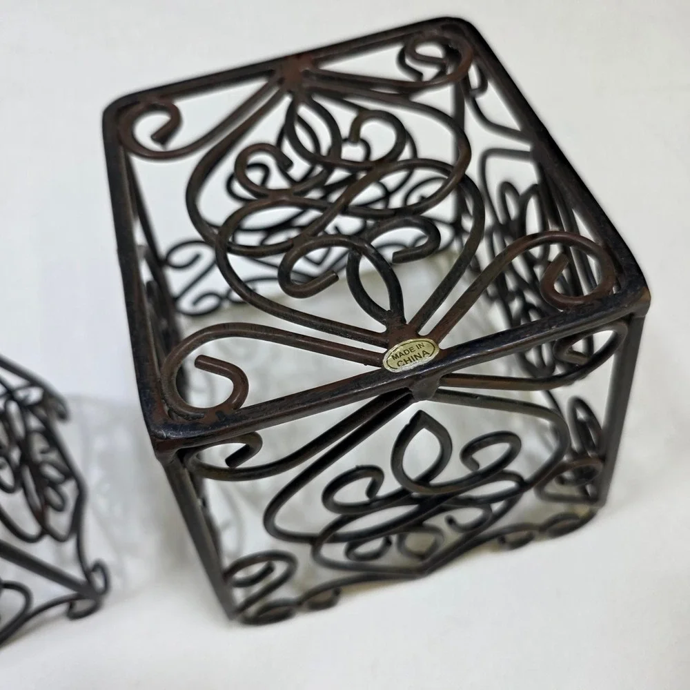 Wire Basket Farmhouse Set S/M Brown Scrollwork Wrought Iron Decor Chic Storage